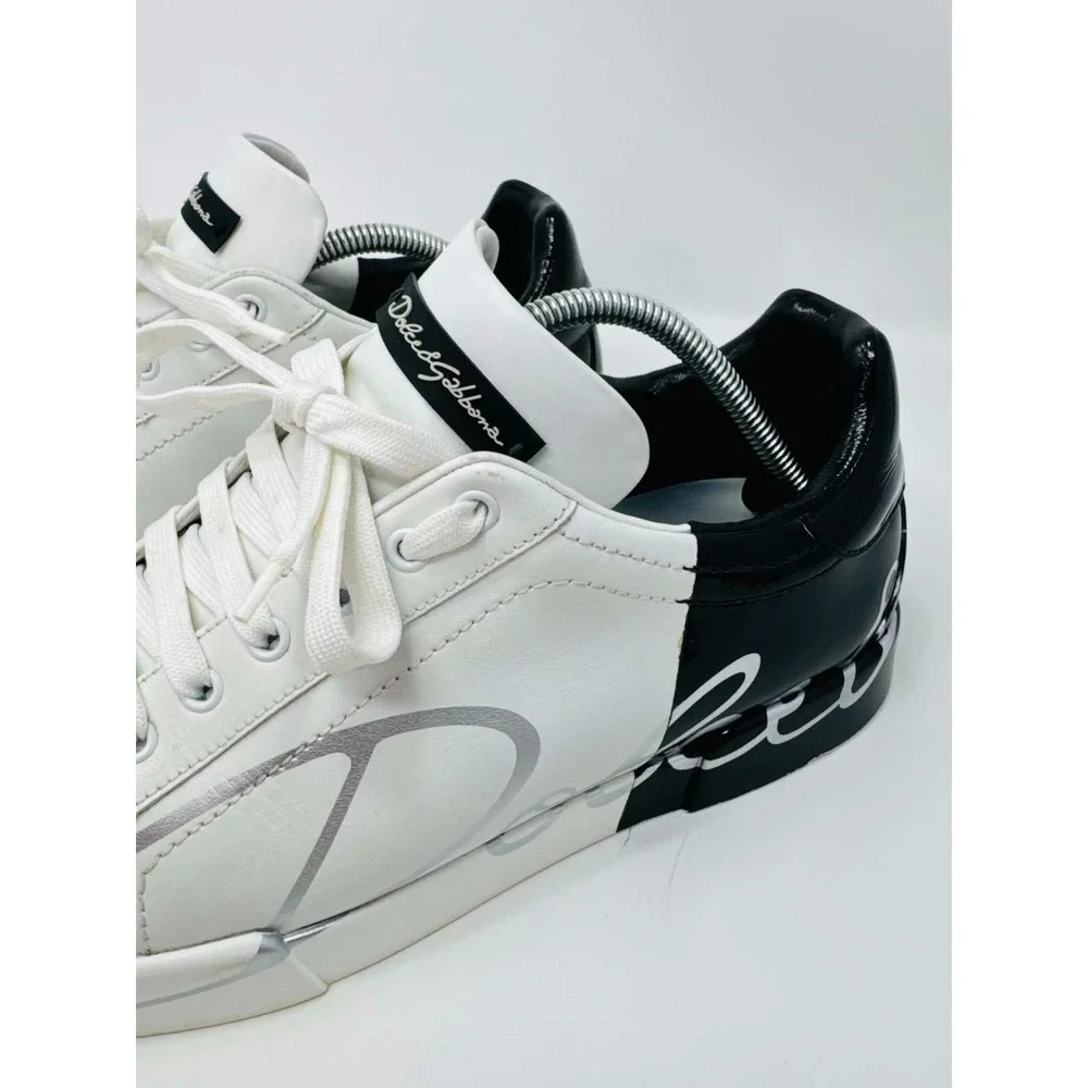 Dolce & Gabbana Portofino Logo Leather Sneakers White Black Men's 9 CS1600 Luxe